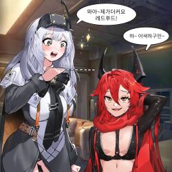 Rule 34 | 2girls, alternate breast size, alternate height, arm behind head, black bow, black bowtie, black dress, black gloves, blush, bowtie, breasts, cleavage, cloak, crop top, cropped jacket, dress, fingerless gloves, gloves, goddess of victory: nikke, grey hair, hair between eyes, headgear, horns, jacket, korean text, large breasts, leather, leather jacket, long hair, mechanical horns, multiple girls, open mouth, orange eyes, oung69, red hair, red hood (nikke), red scarf, scarf, small breasts, snow white (innocent days) (nikke), snow white (nikke), sweatdrop, unzipped, very long hair, visor (armor), white cloak, yellow eyes, zipper
