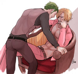 Rule 34 | 2boys, abs, armchair, belt, blonde hair, chair, facial hair, green hair, hair over one eye, hand on own face, head rest, male focus, multiple boys, one piece, open clothes, open shirt, pink suit, roronoa zoro, sanji (one piece), shirt, sitting, suit