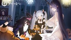 Rule 34 | 3girls, adventure galley (azur lane), adventure galley (carnival under the blood moon) (azur lane), all fours, animal ears, azur lane, black dress, black socks, black thighhighs, blue eyes, braid, breasts, cat ears, chungu, clothing cutout, dress, elbow gloves, fake animal ears, feet up, gloves, golden hind (azur lane), golden hind (forlorn femme fatale) (azur lane), hair between eyes, hair over one eye, hairband, half-closed eyes, halloween, hat, highres, horns, huge breasts, hugging object, indoors, jack-o&#039;-lantern, janus (azur lane), janus (fright-night scaredy-cat) (azur lane), long dress, long hair, lying, manjuu (azur lane), mouth hold, multiple girls, navel, no shoes, official alternate costume, official art, on stomach, open mouth, panties, pillow, pillow hug, pink hairband, pink panties, portrait (object), puffy short sleeves, puffy sleeves, purple eyes, purple hair, see-through, see-through dress, short dress, short sleeves, shoulder cutout, sitting, small breasts, socks, striped clothes, striped socks, thighhighs, twintails, umbrella octopus, underwear, very long hair, white dress, white gloves, white hair, white socks, whydah (azur lane), whydah (lazy pirate angel) (azur lane), witch hat
