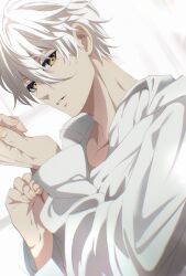 Rule 34 | 1boy, absurdres, blue lock, commentary request, fingernails, hair between eyes, highres, long sleeves, looking at viewer, male focus, may (illust man 2020), nagi seishirou, parted lips, shirt, short hair, solo, white hair, white shirt, yellow eyes