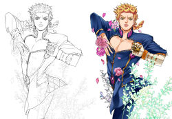 Rule 34 | 1boy, blonde hair, braid, brooch, bug, chaashuu, earrings, flower, giorno giovanna, giorno giovanna&#039;s pose (jojo), gold experience, insect, jewelry, jojo no kimyou na bouken, jojo pose, ladybug, lineart, male focus, partially colored, pectorals, petals, plant, single braid, solo, stand (jojo), stud earrings, variations, vento aureo, victory rolls, white background, yellow eyes