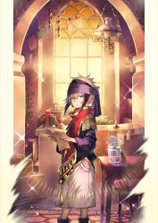 Rule 34 | 1boy, 1girl, :o, basket, blue eyes, blue hair, book, boots, border, box, brown hair, candle, chair, chandelier, commentary request, gem, headband, hero (merc storia), highres, holding, holding paper, indoors, jar, jewelry, long hair, long sleeves, looking at viewer, merc (merc storia), merc storia, mini person, minigirl, mito itsuki, open mouth, paper, pearl (gemstone), plant, ring, rug, shorts, table, very long hair, white border, window
