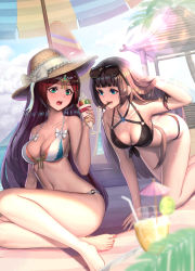 Rule 34 | 2girls, all fours, arm support, barefoot, bikini, black bikini, blue eyes, blunt bangs, bow, breasts, brown hair, butt crack, cleavage, collarbone, day, drinking straw, eyewear on head, front-tie bikini top, front-tie top, green eyes, hair ornament, hand in own hair, hat, hat bow, highres, large breasts, lens flare, long hair, moonandmist, mouth hold, multiple girls, nail polish, navel, o-ring, o-ring bikini, open mouth, original, outdoors, palm tree, parasol, parfait, parted bangs, pink nails, red hair, shiny skin, sitting, sun hat, sunglasses, swimsuit, toenail polish, toenails, tree, umbrella, very long hair, white bikini, white bow
