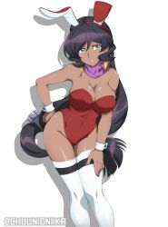 Rule 34 | 1girl, absurdres, animal ears, aqua eyes, black hair, breasts, chuunioniika, cleavage, earrings, fake animal ears, highres, jewelry, large breasts, leotard, long hair, looking at viewer, nail polish, playboy bunny, rabbit ears, red leotard, scarf, senki zesshou symphogear, shiny skin, simple background, solo, standing, strapless, strapless leotard, thighhighs, vanessa (symphogear), white background