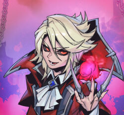 Rule 34 | 1boy, ascot, black sclera, blonde hair, blood, chain, coat, colored sclera, hemokinesis, korean commentary, league of legends, looking at viewer, lower teeth only, magic, male focus, medium hair, open mouth, phantom ix row, red coat, red eyes, smile, solo, teeth, v-shaped eyebrows, vampire, vladimir (league of legends), white ascot