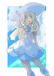 Rule 34 | 1girl, :d, arm up, bare arms, blonde hair, blush, border, braid, cloud, collared dress, commentary request, creatures (company), day, dress, eyelashes, game freak, green eyes, hand on headwear, hat, kneehighs, lillie (pokemon), long hair, looking at viewer, marutoko45, nintendo, open mouth, outdoors, pokemon, pokemon sm, sky, sleeveless, sleeveless dress, smile, socks, solo, sun hat, sundress, teeth, twin braids, upper teeth only, white border, white dress, white hat
