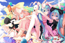 Rule 34 | 2girls, all fours, animal ears, aqua eyes, aqua hair, arms around neck, bow, dual persona, feet, food, hair bow, hat, hatsune miku, legs up, long hair, looking at viewer, multiple girls, no shoes, pocky, stuffed animal, stuffed toy, thighhighs, ttk (kirinottk), twintails, very long hair, vocaloid