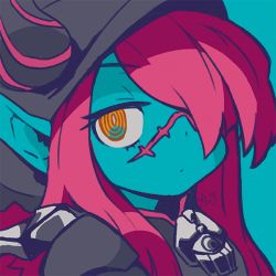Rule 34 | 1girl, bad id, bad twitter id, black hat, blue background, blue skin, bright pupils, closed mouth, colored skin, commentary request, etrian odyssey, hair over one eye, hat, horns, looking at viewer, necromancer (sekaiju), one eye covered, pink hair, portrait, reiesu (reis), ringed eyes, scar, sekaiju no meikyuu, sekaiju no meikyuu 5, signature, simple background, solo