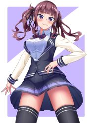 Rule 34 | 1girl, absurdres, black ribbon, black skirt, black thighhighs, black vest, blouse, bow, bowtie, breasts, cevio, dress shirt, from below, hair ribbon, highres, large breasts, looking at viewer, looking down, maretto, medium hair, mole, mole under eye, natsuki karin, pleated skirt, purple bow, purple bowtie, purple eyes, ribbon, school uniform, shirt, skirt, solo, thighhighs, twintails, vest, white shirt