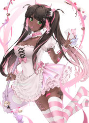 Rule 34 | 1girl, :3, bag, bandaid, beads, bow, breasts, brown hair, character name, chocolate, cleavage, collar, collarbone, corset piercing, cross, cross-laced clothes, dark-skinned female, dark skin, dress, ear piercing, fang, food, frilled collar, frilled dress, frills, green eyes, hair ornament, hairclip, heart, highres, charm (object), large breasts, latin cross, letter, lilith (unxi), lilith cat (unxi), long hair, love letter, miu (unxi), mole, multicolored hair, my melody, nail art, nail polish, original, piercing, pink bow, pink collar, pink dress, pink hair, pink nails, pink thighhighs, pocky, puffy short sleeves, puffy sleeves, purple bag, short sleeves, shoulder bag, simple background, skin fang, streaked hair, striped clothes, striped thighhighs, tattoo, thighhighs, twintails, unxi, white background, white dress, white thighhighs