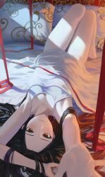Rule 34 | 1girl, armpits, bare arms, black hair, blanket, blurry, blurry background, blurry foreground, breasts, brown eyes, camisole, character request, cleavage, commentary request, depth of field, forehead, foreshortening, hara kenshi, higawari naishitsu, highres, knees up, legs, long hair, looking at viewer, lying, medium breasts, on back, on bed, outstretched arm, pillow, red ribbon, ribbon, smile, solo, under covers, white camisole