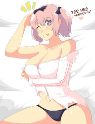 Rule 34 | + +, 10s, 1girl, ;p, absurdres, bare shoulders, blue eyes, blush, bow, breast hold, breasts, buruma, cleavage, english text, hair bow, hibari (senran kagura), highres, jacket, large breasts, looking at viewer, one eye closed, pink hair, senran kagura, short hair, short twintails, smile, solo, symbol-shaped pupils, tongue, tongue out, torn clothes, track jacket, twintails, z666ful