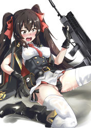 Rule 34 | 1girl, assault rifle, black hair, black panties, blush, boots, bow, bullpup, combat boots, covered erect nipples, fingerless gloves, girls&#039; frontline, gloves, gun, hair bow, holding, holding gun, holding weapon, implied after sex, long hair, minami shin (zenshuu bougyo), necktie, open mouth, panties, pantyshot, qbz-97, rifle, side-tie panties, solo, suggestive fluid, thighhighs, twintails, type 97 (girls&#039; frontline), underwear, very long hair, weapon, white background, white thighhighs