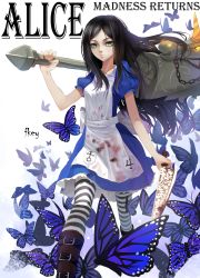 Rule 34 | 1girl, alice: madness returns, alice (alice in wonderland), alice in wonderland, alice liddell (american mcgee&#039;s alice), american mcgee&#039;s alice, american mcgee's alice, black hair, blood, blood on clothes, boots, brown hair, bug, butterfly, chain, fkey, green eyes, highres, insect, long hair, solo, striped clothes, striped thighhighs, thighhighs, weapon