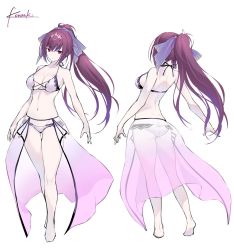 Rule 34 | 1girl, alternate costume, ass, back, bare shoulders, bikini, breasts, cleavage, commentary request, expressionless, fate/grand order, fate (series), hair between eyes, headpiece, kousaki rui, looking at viewer, lowleg, lowleg bikini, multiple views, navel, ponytail, purple hair, red eyes, scathach (fate), scathach skadi (fate), scathach skadi (third ascension) (fate), signature, simple background, swimsuit, tiara, white background
