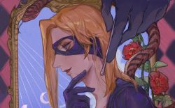 Rule 34 | 1boy, blonde hair, blue eyes, domino mask, flower, gloves, hand on own chin, highres, jojo no kimyou na bouken, long hair, male focus, mask, melone, mirror, mitus, profile, purple eyes, snake, solo, stroking own chin