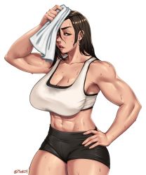 Rule 34 | 1girl, arm up, black hair, bra, cloth, final fantasy, final fantasy vii, final fantasy vii remake, gym shorts, hand on own hip, highres, long hair, looking at viewer, mootium, muscular, muscular female, one eye closed, short shorts, shorts, solo, sports bra, square enix, sweat, tifa lockhart, underwear, white background, white bra, wiping sweat