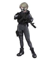 Rule 34 | 1girl, adidas, ak-12, armor, assault rifle, black mask, boots, bow, bulletproof vest, cross-laced footwear, full body, green eyes, gun, handgun, hat, highres, holding, holding gun, holding weapon, holster, jacket, kalashnikov rifle, korean commentary, lace-up boots, looking at viewer, mask, mouth mask, original, pants, rifle, short hair, simple background, solo, striped bow, striped clothes, striped jacket, striped pants, suddm, thigh holster, tight clothes, tight pants, track jacket, trigger discipline, variant set, weapon, white background