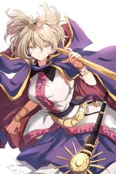 Rule 34 | 1girl, absurdres, belt, brown hair, cane, cape, darjeeling (reley), gauntlets, highres, holding, holding cane, looking at viewer, medium hair, purple cape, solo, touhou, toyosatomimi no miko, white background