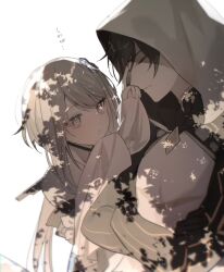 Rule 34 | 1boy, 1girl, cloak, closed mouth, crossed arms, genshin impact, greyscale, guizhong (genshin impact), hair between eyes, hair ornament, highres, hood, hood up, hooded cloak, long hair, long sleeves, monochrome, parted lips, simple background, sleeves past wrists, translation request, umenoume, upper body, wide sleeves, zhongli (archon) (genshin impact), zhongli (genshin impact)