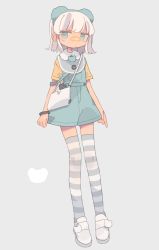 Rule 34 | 1girl, :&lt;, animal ears, arms at sides, bag, bandaid, bandaid on face, bandaid on nose, bear ears, bib, blue eyes, blue hairband, bracelet, closed mouth, daizu (melon-lemon), expressionless, fake animal ears, from side, full body, gradient eyes, grey background, hair ornament, hairband, highres, jewelry, jitome, looking at viewer, multicolored eyes, muted color, off shoulder, original, overalls, shirt, shoes, short hair, short sleeves, shoulder bag, simple background, solo, standing, striped clothes, striped thighhighs, thighhighs, white footwear, white hair, yellow shirt