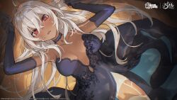 Rule 34 | 1girl, absurdres, alternate costume, azur lane, blue gloves, bodypaint, breasts, choker, crossed bangs, dark-skinned female, dark skin, dress, elbow gloves, evening gown, facepaint, gloves, hair between eyes, highres, lace-trimmed choker, lace trim, long hair, looking at viewer, medium breasts, mephisto (angraecum), minneapolis (azur lane), native american, official art, open mouth, red eyes, solo, very long hair, white hair