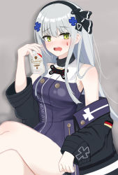 Rule 34 | 1girl, absurdres, alcohol, bare shoulders, beer, beer can, black hairband, black jacket, blunt bangs, can, dress, drink can, drunk, girls&#039; frontline, green eyes, grey background, hairband, highres, hk416 (girls&#039; frontline), hk416 (mod3) (girls&#039; frontline), holding, holding can, jacket, koenza botoke, long hair, long sleeves, looking at viewer, mod3 (girls&#039; frontline), off shoulder, open clothes, open jacket, open mouth, silver hair, simple background, sleeveless, sleeveless dress, solo, teardrop, teardrop facial mark, teardrop tattoo