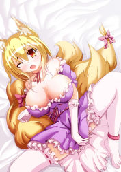 Rule 34 | 1girl, bare shoulders, blonde hair, breasts, cleavage, cosplay, covering privates, covering crotch, dress, elbow gloves, female focus, fox tail, gloves, large breasts, looking at viewer, lying, merry (diameri), multiple tails, off shoulder, on back, one eye closed, open mouth, purple dress, purple skirt, ribbon, short hair, skirt, solo, spread legs, tail, tail ornament, tail ribbon, thighhighs, touhou, white gloves, white thighhighs, wink, yakumo ran, yakumo yukari, yakumo yukari (cosplay), yellow eyes, zettai ryouiki