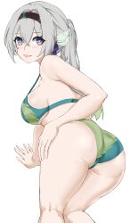 Rule 34 | 1girl, absurdres, ass, bare arms, bare shoulders, bikini, breasts, commentary, cowboy shot, firefly (honkai: star rail), green bikini, grey hair, grin, highres, honkai: star rail, honkai (series), kagurachi, long hair, looking at viewer, medium breasts, ponytail, purple eyes, sidelocks, simple background, smile, solo, standing, swimsuit, thighs, white background