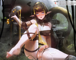 Rule 34 | 1girl, arknights, bangs, black hair, blue eyes, blush, breasts, censored, cum, cum on body, erect nipples, eunectes (arknights), flower, futanari, goggles, goggles on head, hair flower, hair ornament, highres, lancet-2 (arknights), large breasts, mo ne, mosaic censoring, open mouth, outdoors, penis, pointy ears, snake tail, solo, tail, testicles, thigh strap