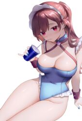 Rule 34 | 1girl, blue nails, blush, breasts, brown hair, cleavage, commentary request, cup, detached collar, drinking straw, highleg, highres, holding, holding cup, large breasts, looking at viewer, maid, maid headdress, mole, mole under eye, neit ni sei, original, ponytail, red eyes, sitting, swimsuit, thighs, wet, wrist cuffs