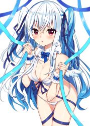 Rule 34 | 1girl, :o, bikini, blue bow, blue hair, blue nails, blue ribbon, blush, bow, breasts, cleavage, commentary request, feathered wings, hair between eyes, hands up, holding, holding ribbon, leaning forward, long hair, looking at viewer, maki soutoki, medium breasts, mini wings, multicolored hair, nail polish, original, parted lips, red eyes, ribbon, silver hair, simple background, solo, standing, swimsuit, two-tone hair, two side up, very long hair, white background, white bikini, white wings, wings, wrist cuffs