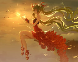 Rule 34 | 1girl, breasts, dress, floating hair, flower, green eyes, green hair, hair flower, hair ornament, hatsune miku, high heels, highres, lan jue, crossed legs, long hair, matching hair/eyes, red dress, sitting, small breasts, solo, twintails, very long hair, vocaloid