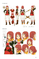 Rule 34 | 10s, 1girl, belt, blue eyes, breasts, closed mouth, frills, full body, hair ornament, highres, hood, jacket, official art, pants, red hair, rose (tales), scarf, shoes, short hair, simple background, smile, tales of (series), tales of zestiria, weapon