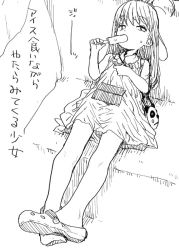 Rule 34 | 1girl, child, dress, eating, female focus, food, long hair, monochrome, one side up, original, ponsuke (pon00000), popsicle, shoes, sitting, solo
