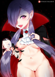 Rule 34 | 1girl, alternate costume, ascot, asymmetrical gloves, black background, black cape, black gloves, black nails, blush, bottomless, breasts, brooch, cape, choker, cleft of venus, cowboy shot, cum, cum in container, cum in cup, cumdrip, cup, drinking glass, elbow gloves, fang, fingerless gloves, gloves, hair over one eye, high collar, holding, holding cup, jewelry, jinx (league of legends), league of legends, long hair, looking at viewer, low twintails, medium breasts, nail polish, naked cape, navel, nipples, no bra, one eye covered, open mouth, patreon, patreon logo, patreon username, pink eyes, pointy ears, purple hair, pussy, red cape, single elbow glove, slit pupils, solo, tofuubear, tongue, twintails, uncensored, uneven gloves, vampire, very long hair, white ascot, wine glass