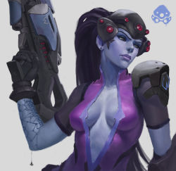 Rule 34 | 1girl, arm tattoo, bodysuit, breasts, colored skin, earrings, gloves, gun, head-mounted display, highres, holding, holding gun, holding weapon, jewelry, lips, long hair, looking to the side, medium breasts, nick gan, nose, overwatch, overwatch 1, pink bodysuit, ponytail, purple hair, purple skin, rifle, solo, stud earrings, tattoo, upper body, weapon, widowmaker (overwatch), yellow eyes