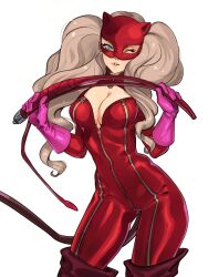 Rule 34 | 1girl, blonde hair, blue eyes, bodysuit, boots, breasts, cat mask, catsuit, cleavage, fake tail, full-length zipper, gloves, highres, holding, holding whip, knee boots, kukumomo, large breasts, leather, long hair, looking at viewer, mask, navel, one eye closed, panther tail, parted lips, partially unzipped, persona, persona 5, pink gloves, pursed lips, red bodysuit, rubber gloves, solo, tail, takamaki anne, thigh boots, twintails, unzipped, whip, white background, zipper