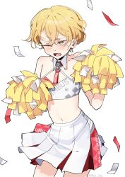 Rule 34 | 1boy, alternate costume, blonde hair, blue archive, blush, cheerleader, crop top, crossdressing, crossover, highres, holding, holding pom poms, limbus company, male focus, mell 716, millennium cheerleader outfit (blue archive), open mouth, pom pom (cheerleading), pom poms, project moon, short hair, simple background, sinclair (project moon), solo, text print, trap, twitter username, two-tone skirt, white background, yellow eyes