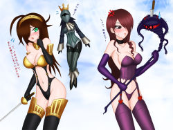 Rule 34 | 3girls, atlus, breasts, character request, cleavage, cosplay, crossover, green eyes, high-cut armor (persona), kirijou mitsuru, long hair, moaizmoai, multiple girls, name connection, nyx (queen&#039;s blade), persona, persona 3, queen&#039;s blade, translation request
