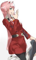 Rule 34 | 1girl, black pantyhose, breasts, commentary, darling in the franxx, green eyes, hairband, highres, holding, holding clothes, holding jacket, horns, jacket, kaz (kaazzz0416), licking, long hair, looking at viewer, medium breasts, military, military uniform, oni horns, pantyhose, pink hair, red horns, simple background, smile, solo, thumb to mouth, tongue, tongue out, uniform, white background, zero two (darling in the franxx)