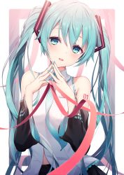 1girl, bangs, bare shoulders, black skirt, black sleeves, blue eyes, blue hair, blue nails, collared shirt, commentary request, detached sleeves, fingernails, hands up, hatsune miku, head tilt, highres, long hair, looking at viewer, nail polish, own hands together, shirt, skirt, solo, string, string of fate, twintails, very long hair, vocaloid, white shirt, yumenone (conectarts)