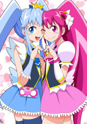 Rule 34 | 10s, 2girls, aino megumi, blue eyes, blue hair, blue skirt, cheek-to-cheek, crown, cure lovely, cure princess, happinesscharge precure!, heads together, heart, heart hands, heart hands duo, long hair, looking at viewer, magical girl, multiple girls, one eye closed, open mouth, pink eyes, pink hair, ponytail, precure, shirayuki hime, skirt, smile, thighhighs, third love, twintails, wide ponytail, wink