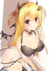 Rule 34 | 1girl, absurdres, arihara nanami, artist name, bare arms, black bow, black bra, black choker, black panties, black thighhighs, blonde hair, blush, bow, bra, breasts, chestnut mouth, choker, cleavage, collarbone, cosplay, demon horns, demon tail, demon wings, dress, eyelashes, fake horns, fake tail, finger to mouth, furrowed brow, hair between eyes, hair ribbon, hand up, highres, horns, imoe (1017933989), lace, lace-trimmed bra, lace trim, large breasts, long hair, looking at viewer, navel, open mouth, panties, red eyes, red ribbon, ribbon, riddle joker, see-through, see-through dress, sidelocks, skindentation, solo, standing, straight hair, tail, thighhighs, trident ornament, two side up, underwear, very long hair, wings, yuzu-soft