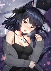Rule 34 | 1girl, animal ear fluff, animal ears, armpit crease, bare shoulders, black bow, black dress, black hair, blush, bow, breasts, brown eyes, cat ears, cat girl, cat tail, cleavage, collarbone, commentary request, dress, fangs, grey jacket, hair bow, halter dress, halterneck, hand up, highres, jacket, jewelry, long sleeves, looking at viewer, medium breasts, medium hair, necklace, off shoulder, omoomomo, open clothes, open jacket, open mouth, original, sick, signature, sleeveless, sleeveless dress, solo, spaghetti strap, sweat, tail, tongue, tongue out