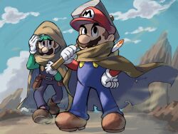 Rule 34 | 2boys, belt, blue overalls, blue sky, boots, brothers, brown cape, brown footwear, brown hair, cape, cape feather, cape mario, cloud, facial hair, gloves, green headwear, green shirt, hammer, hand on own hip, highres, holding, holding hammer, holding weapon, hood, hood up, luigi, male focus, mario, mario &amp; luigi rpg, mario (series), masanori sato (style), mountain, multiple boys, mustache, nintendo, outdoors, over shoulder, overalls, red headwear, red shirt, rock, shirt, short hair, siblings, sky, twins, weapon, weapon over shoulder, white gloves, ya mari 6363