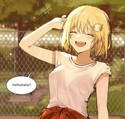 Rule 34 | 1girl, blonde hair, commentary, english commentary, fence, hair ornament, highres, hololive, hololive english, medium hair, open mouth, shew (shew03), shirt, smile, solo, speech bubble, t-shirt, teeth, tree, underwear, upper teeth only, virtual youtuber, watson amelia, white shirt