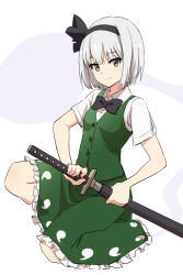 Rule 34 | 1girl, black bow, black bowtie, black hairband, black ribbon, bow, bowtie, breasts, commentary request, fighting stance, green skirt, green vest, grey eyes, hair ribbon, hairband, highres, hitodama, holding, holding sword, holding weapon, katana, konpaku youmu, konpaku youmu (ghost), leon (mikiri hassha), looking at viewer, on one knee, petticoat, ready to draw, ribbon, scabbard, sheath, shirt, short hair, short sleeves, silver hair, simple background, skirt, skirt set, small breasts, smile, solo, sword, touhou, unsheathing, vest, weapon, white background, white shirt