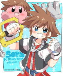Rule 34 | 1boy, blue eyes, blush, blush stickers, brown hair, copy ability, crossover, disney, eromame, gloves, hat, keyblade, kingdom hearts, kingdom hearts i, kirby, kirby (series), looking at viewer, male focus, nintendo, open mouth, short hair, simple background, smile, sora (kingdom hearts), spiked hair, square enix, super smash bros., weapon