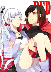 Rule 34 | 2girls, aqua eyes, ass, blush, brown hair, cape, carrying, dress, eye contact, flying sweatdrops, grey eyes, hinagi (fox priest), hood, jewelry, long hair, looking at another, multiple girls, necklace, panties, parted lips, ponytail, popped collar, princess carry, ruby rose, rwby, short hair, side ponytail, smile, sparkle, sweatdrop, text focus, underwear, weiss schnee, white hair, white panties, yuri